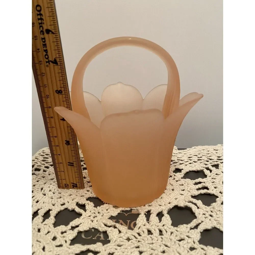 Vintage Mikasa Pink Satin Frosted Glass Tulip Basket Vase w/Handle Made In Japan
